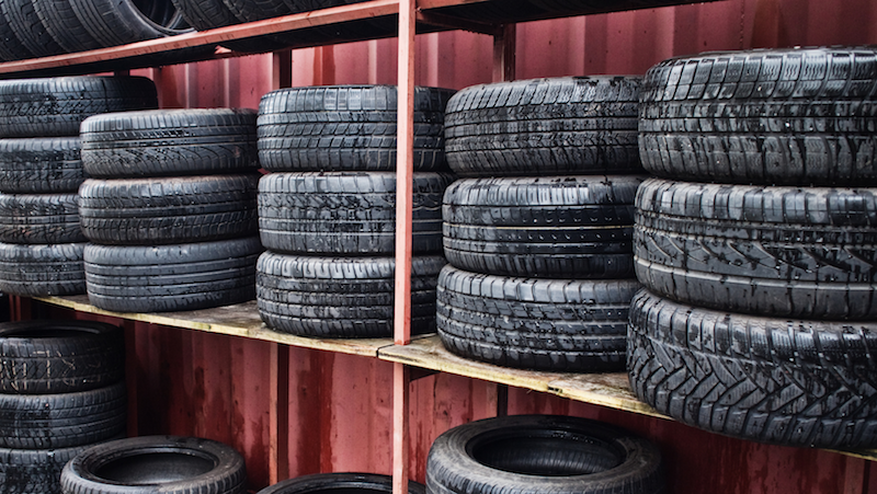 Tyres stacked on tyre rack