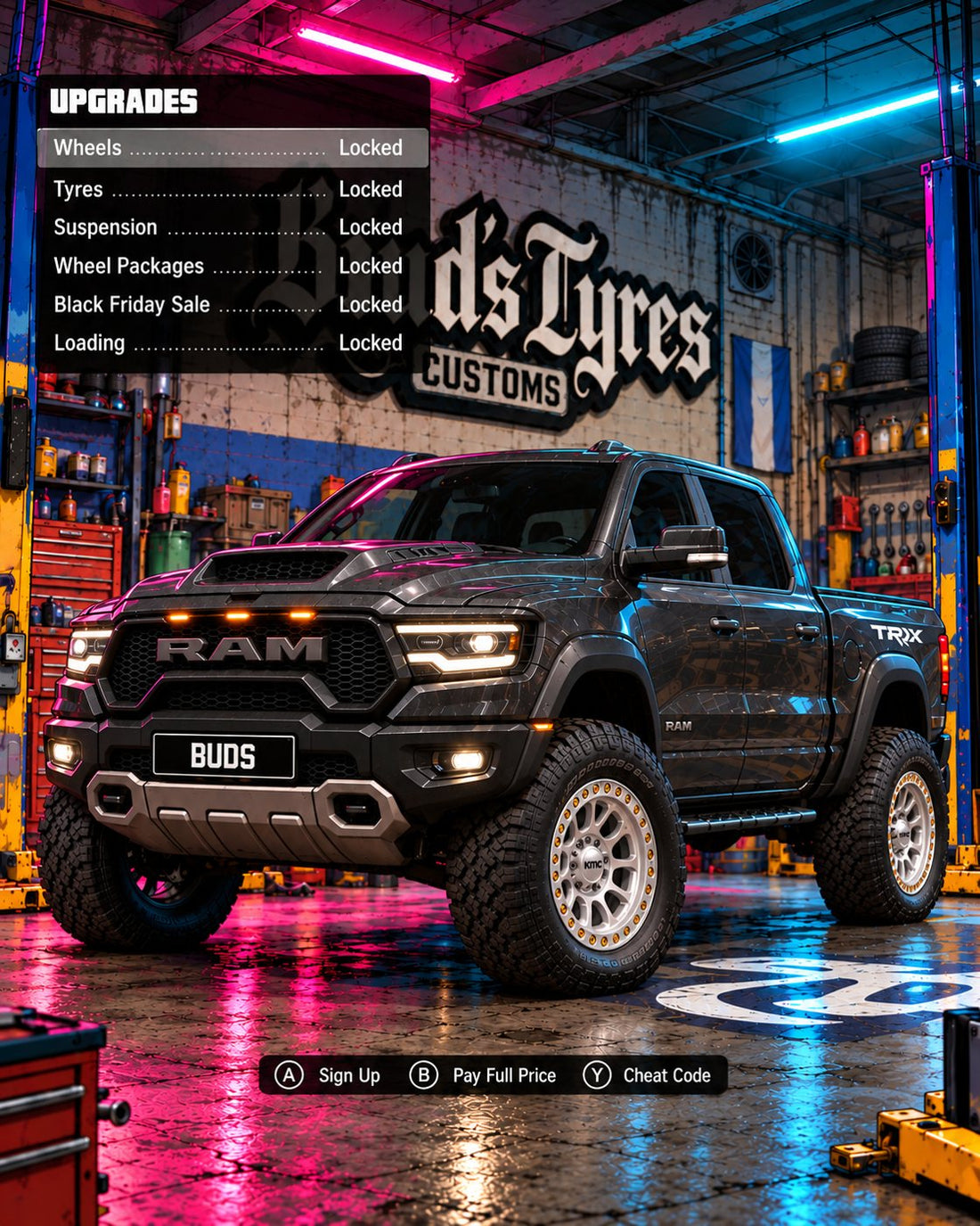 Charcoal Ram TRX in the Bud's Tyres neon garage